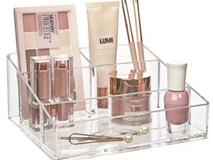STORi Clear Plastic Vanity Makeup Organizer | Compact Rectangular 4-Compartment Holder for Brushes