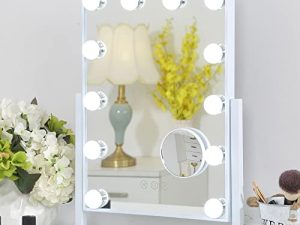 FENCHILIN Lighted Makeup Mirror Hollywood Mirror Vanity Makeup Mirror with Light Smart Touch Control 3Colors Dimmable Light Detachable 10X Magnification 360°Rotation(White)