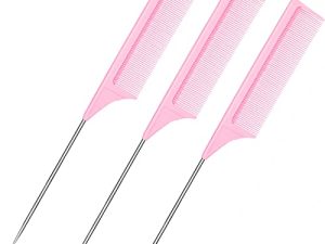 3 Packs Rat Tail Comb Steel Pin Rat Tail Carbon Fiber Heat Resistant Teasing Combs with Stainless Steel Pintail (Pink)