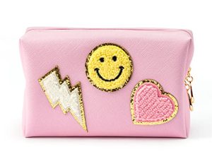 LieToi Preppy Patch Small Toiletry Bag Smile Lightning Heart PU Leather Portable Waterproof Makeup Cosmetic Bag Daily Use Storage Purse Travel Organizer Compliant Bag for Women Girls Gift (Pink)