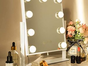 Hansong Vanity Mirror with Lights Light up Vanity Makeup Mirror with 9 LED Bulbs Tabletop Plug in Makeup Mirror with Lights 360 Rotation with 10x Magnifying Mirror