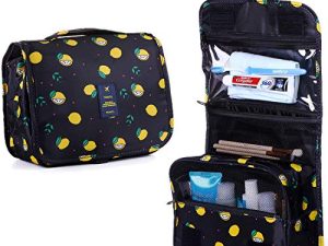 LAKIBOLE Toiletry Bag Multifunction Cosmetic Bag Portable Makeup Pouch Waterproof Travel Hanging Organizer Bag for Women Girls (Navy Blue Lemon)