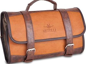 Vetelli Foldable Hanging Premium Leather Travel Toiletry Bag for Men with 2 Large Zippered Pockets 2 Small Snap Fastened Pockets for Cologne Perfect Travel Gift for Men
