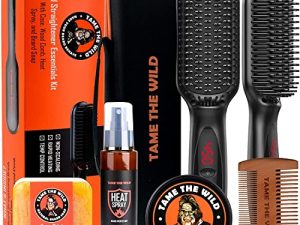 Tame The Wild Pro Beard Straightener Kit - Heated Beard Brush for Men - 12 Temp Settings - Beard Grooming Kit with Heat Protector Spray