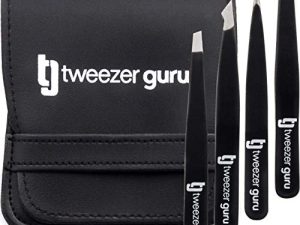 Tweezer Guru Eyebrow Tweezer Set (4-Piece) for Women & Men - Professional Slant and Pointed Tweezers Set with Case - Precision Tweezers Kit for Facial Hair